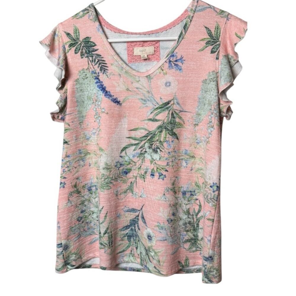 Cupio Blush Womens Short Sleeve Floral Print  v Front Flutter Sleeve Blouse Sz S